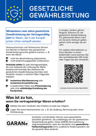 Gesetzliche Gewährleistung – Verbraucherinformation gemäß Durchführungsverordnung (EU) 2025/1960. Zum Lesen anklicken.