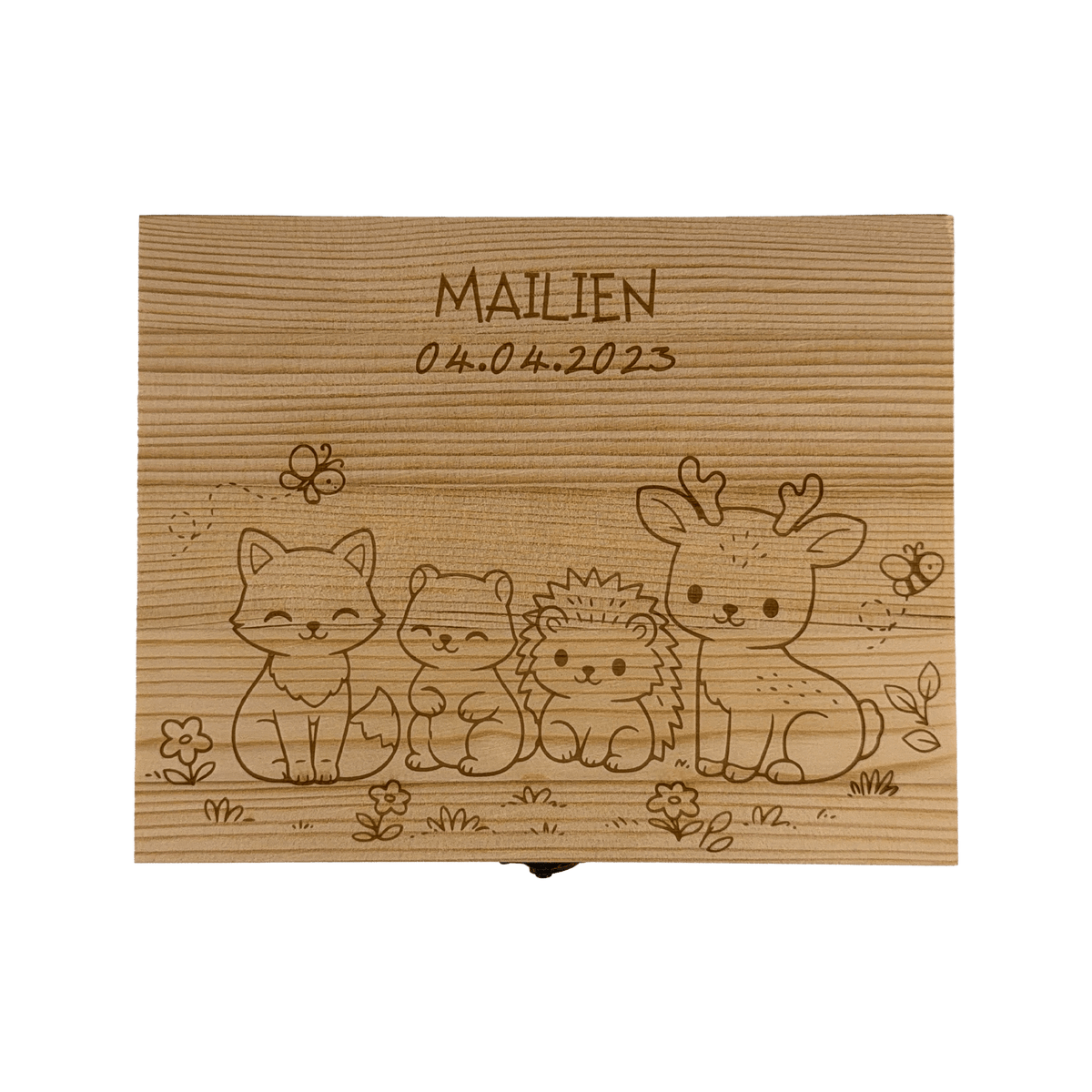 Kinderbesteck mit Aufbewahrungsbox mit Namen und Waldtiermotiv graviert